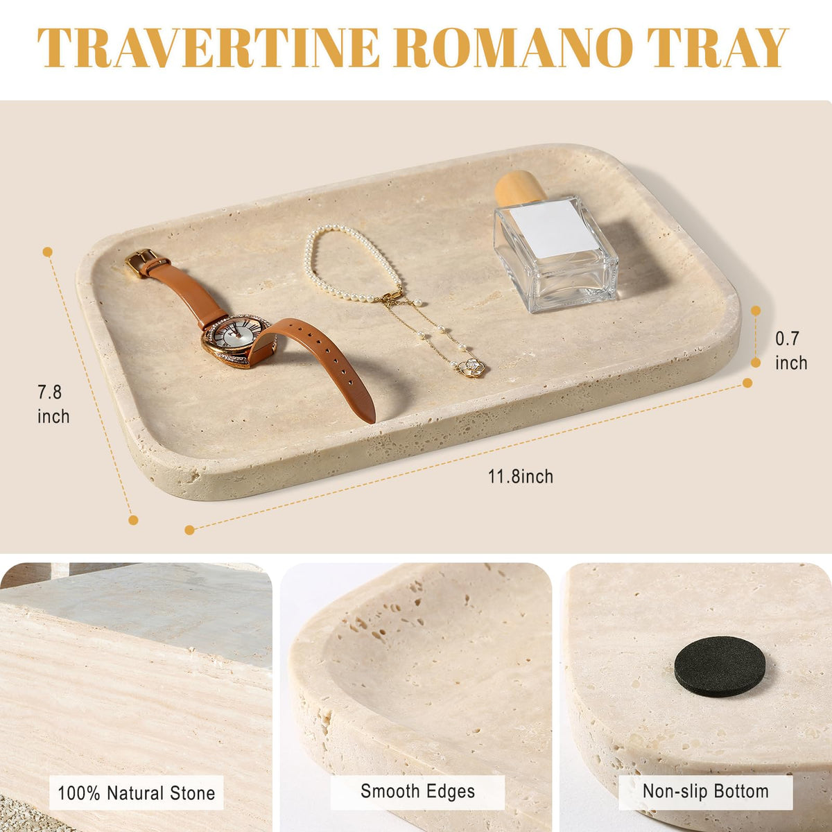Koville Travertine Tray holding jewelry and perfume on a dresser