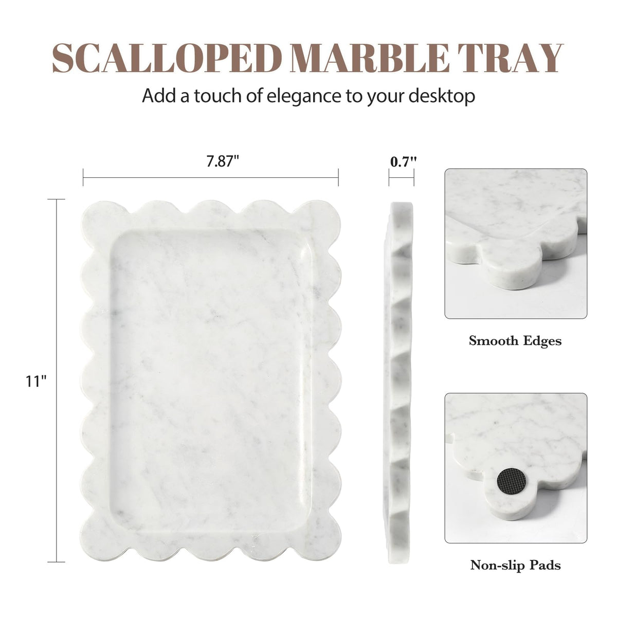 Koville marble tray edge close-up highlighting scalloped rim and veining.