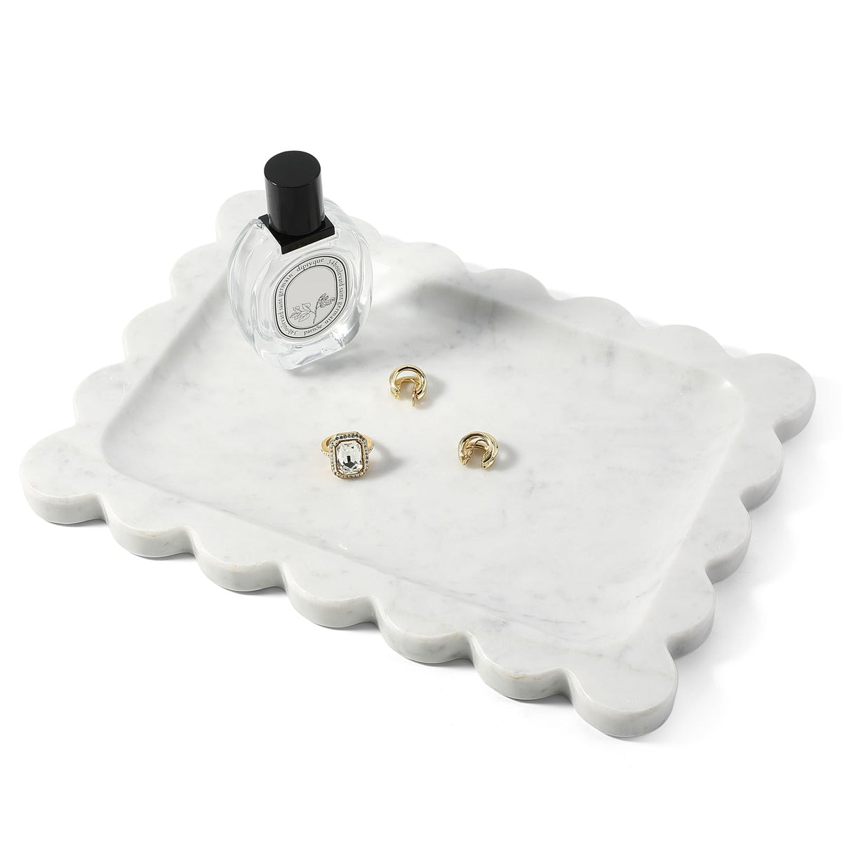Koville scalloped marble tray, front view on a sleek countertop for elegant organization.