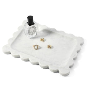 Koville scalloped marble tray, front view on a sleek countertop for elegant organization.