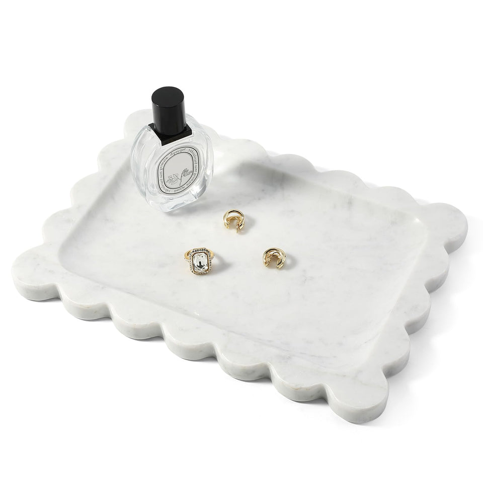 Koville scalloped marble tray, front view on a sleek countertop for elegant organization.