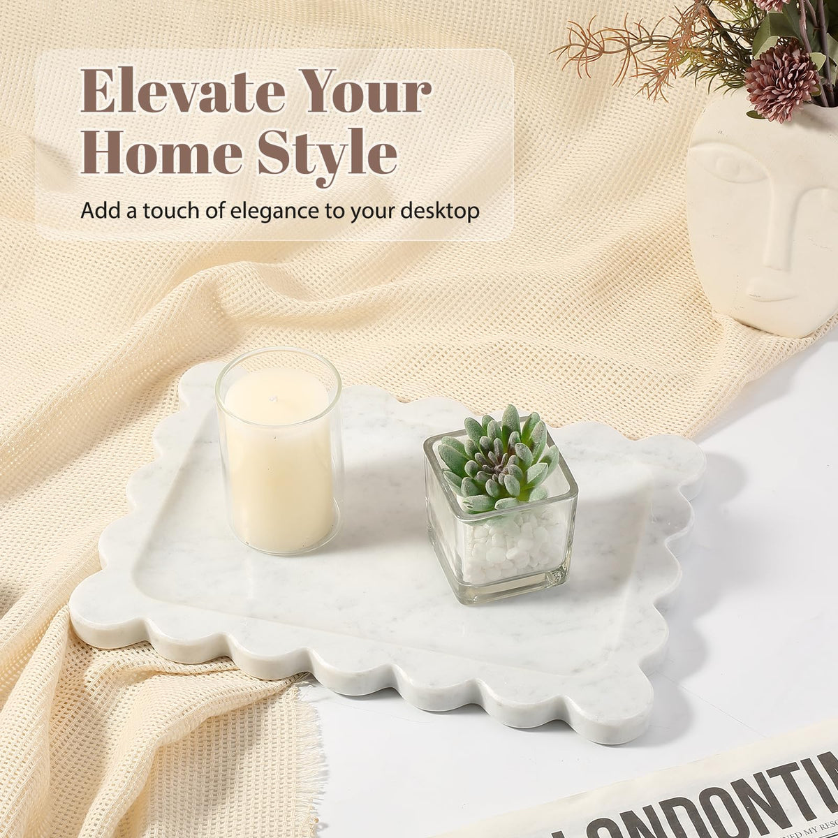 Koville Bianco Carrara tray displayed with perfumes on a vanity.
