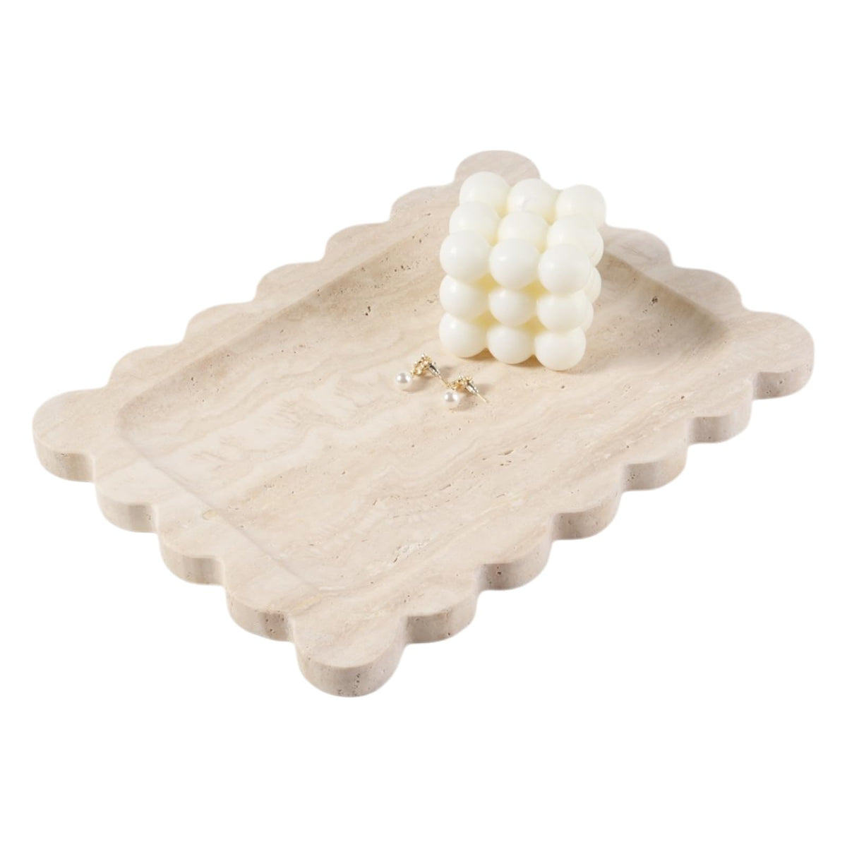 Koville Scalloped Marble Tray with natural Travertine texture for jewelry display.