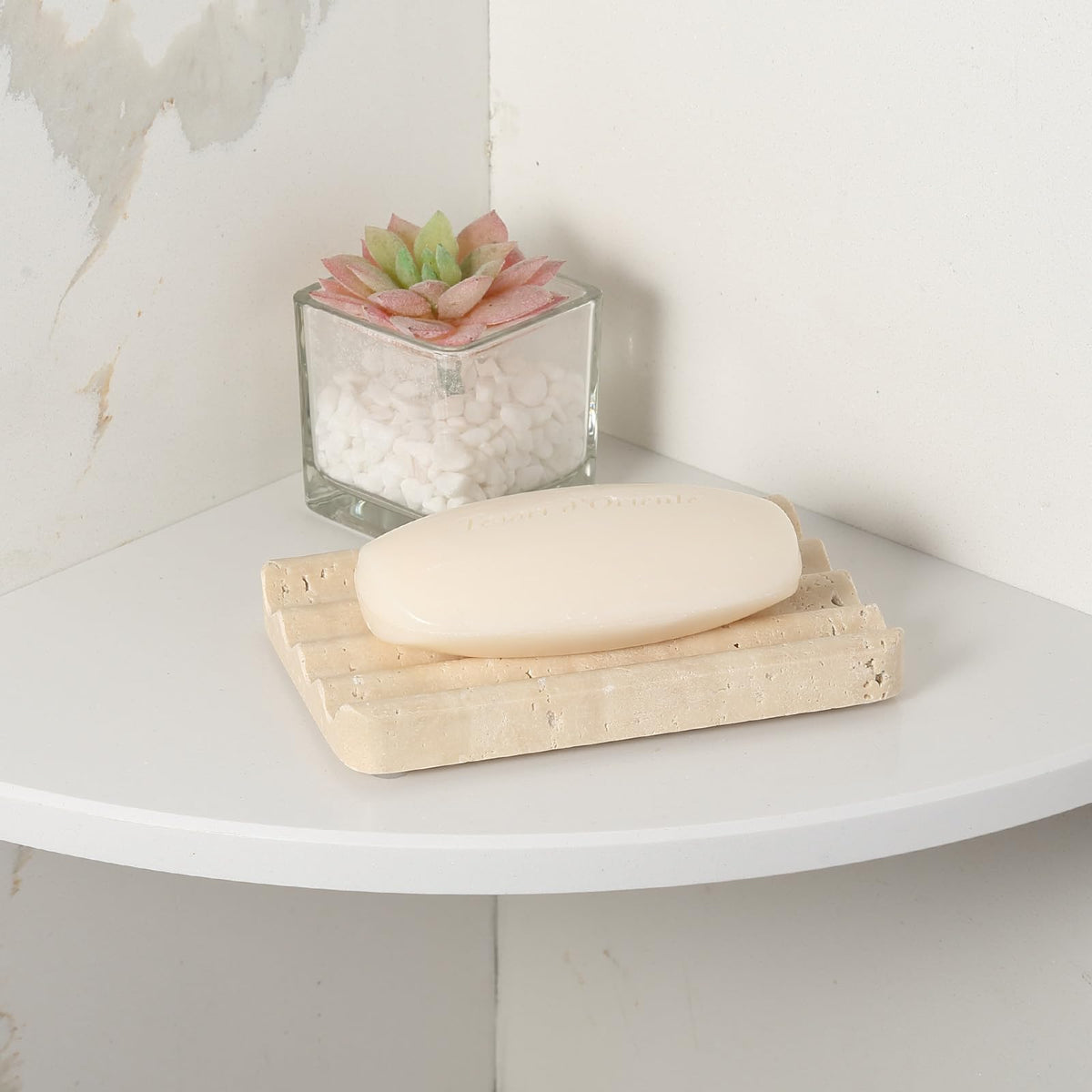 Koville stone soap tray for candles or essential oils adds calm ambiance.