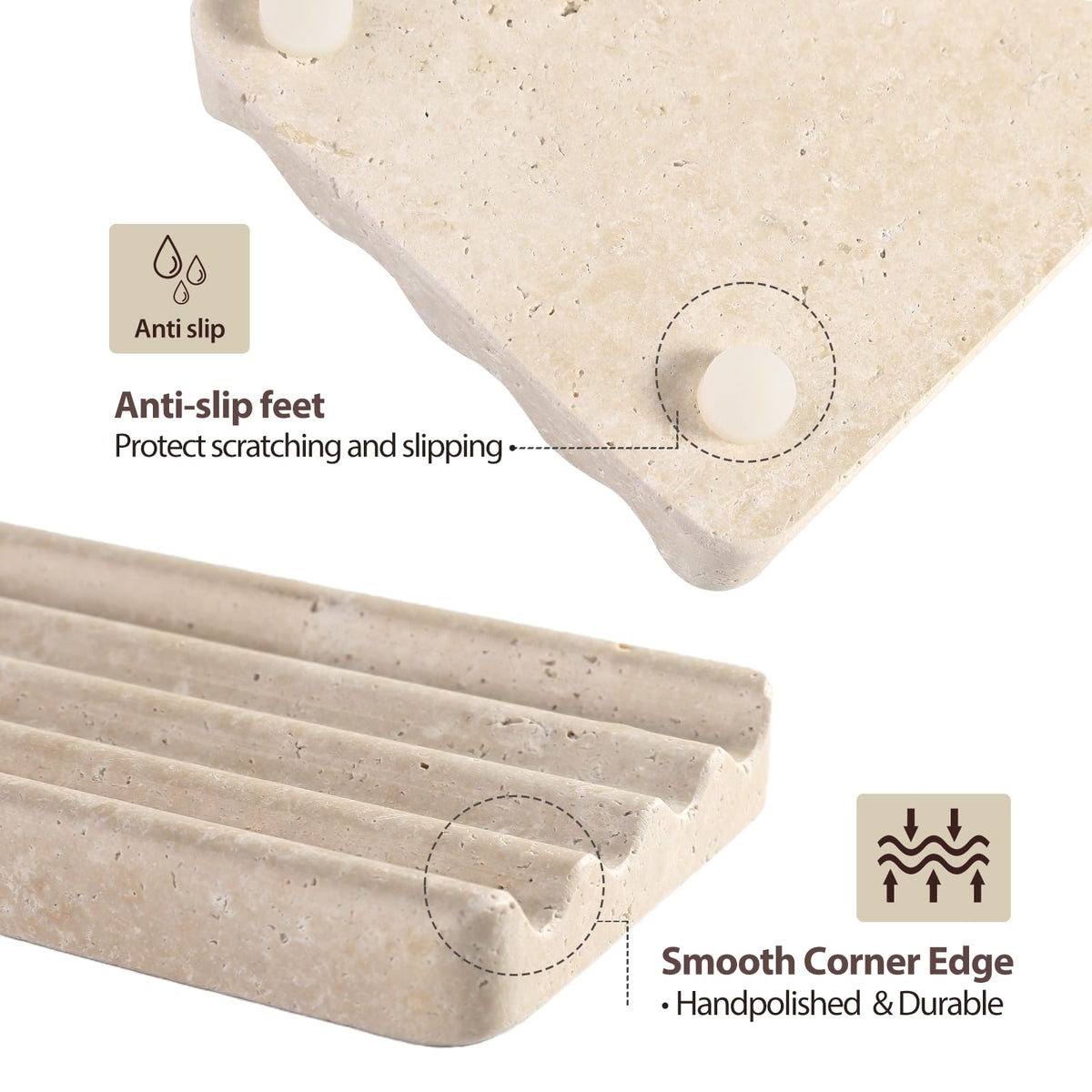 Koville stone soap tray on vanity table blends earthy tones with organization.