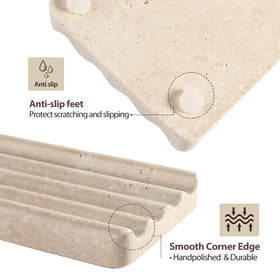 Koville stone soap tray on vanity table blends earthy tones with organization.