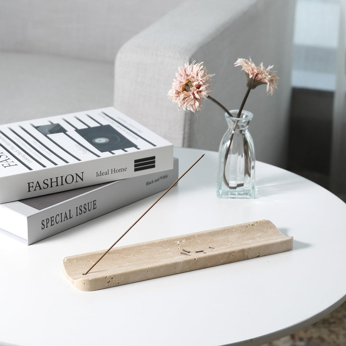 Koville travertine incense holder ideal for meditation and yoga spaces.