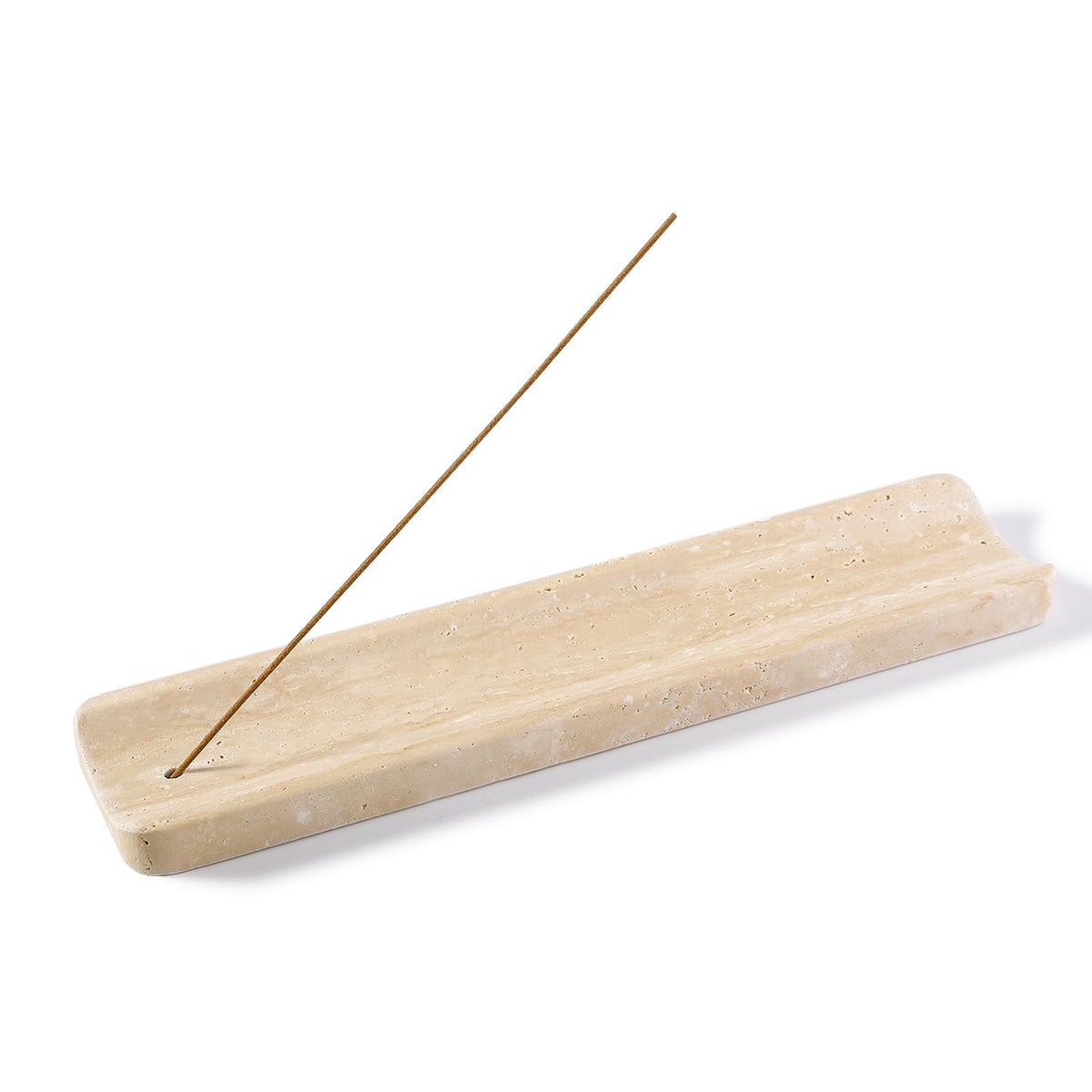 Koville travertine incense holder, top view, highlighting natural veining for a calming meditation ambiance.