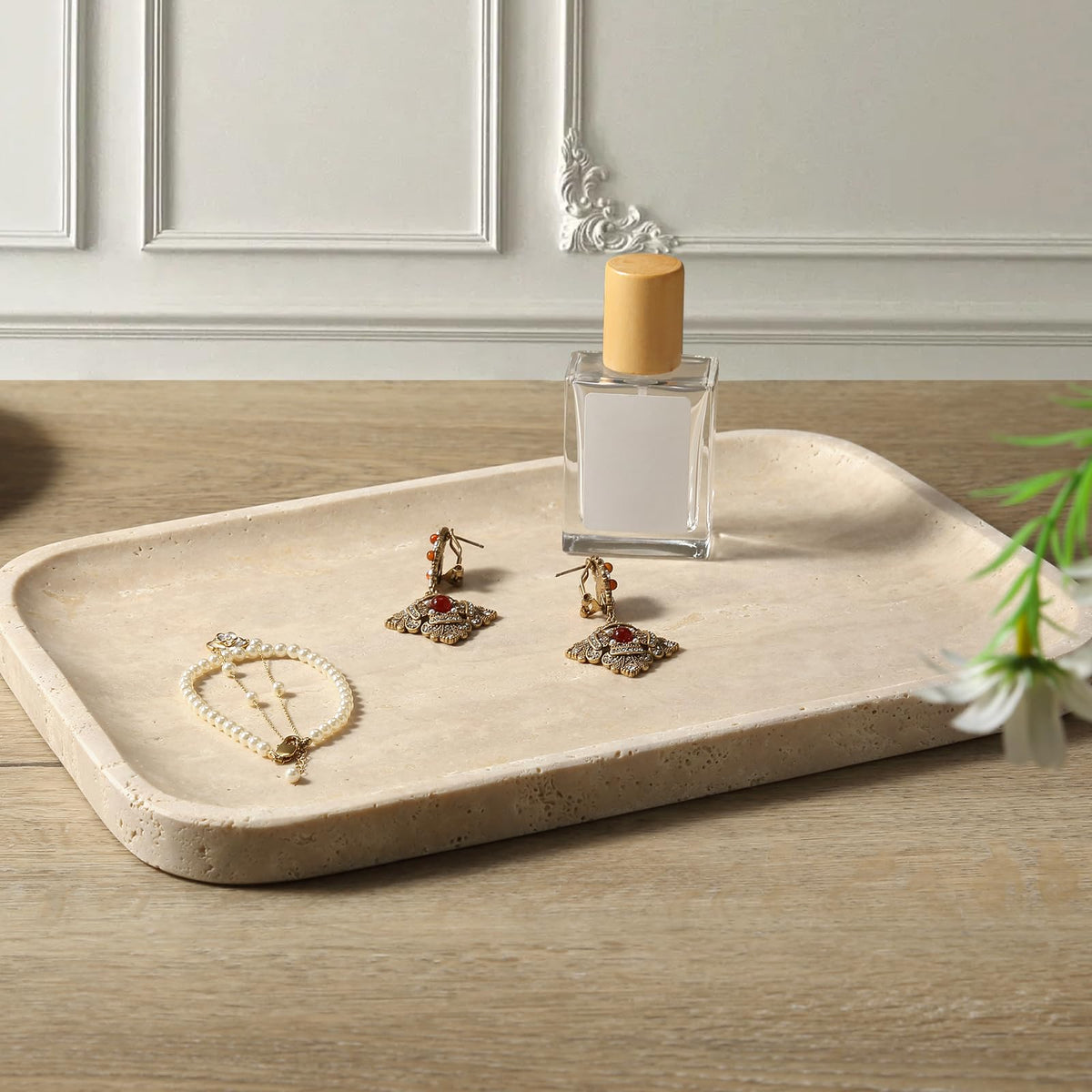 Koville Travertine Tray used on a countertop or dresser for organization