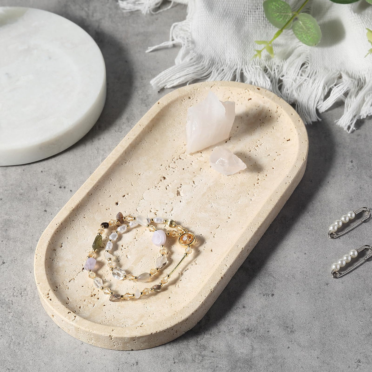 Koville travertine tray doubles as a soap dish in bathrooms