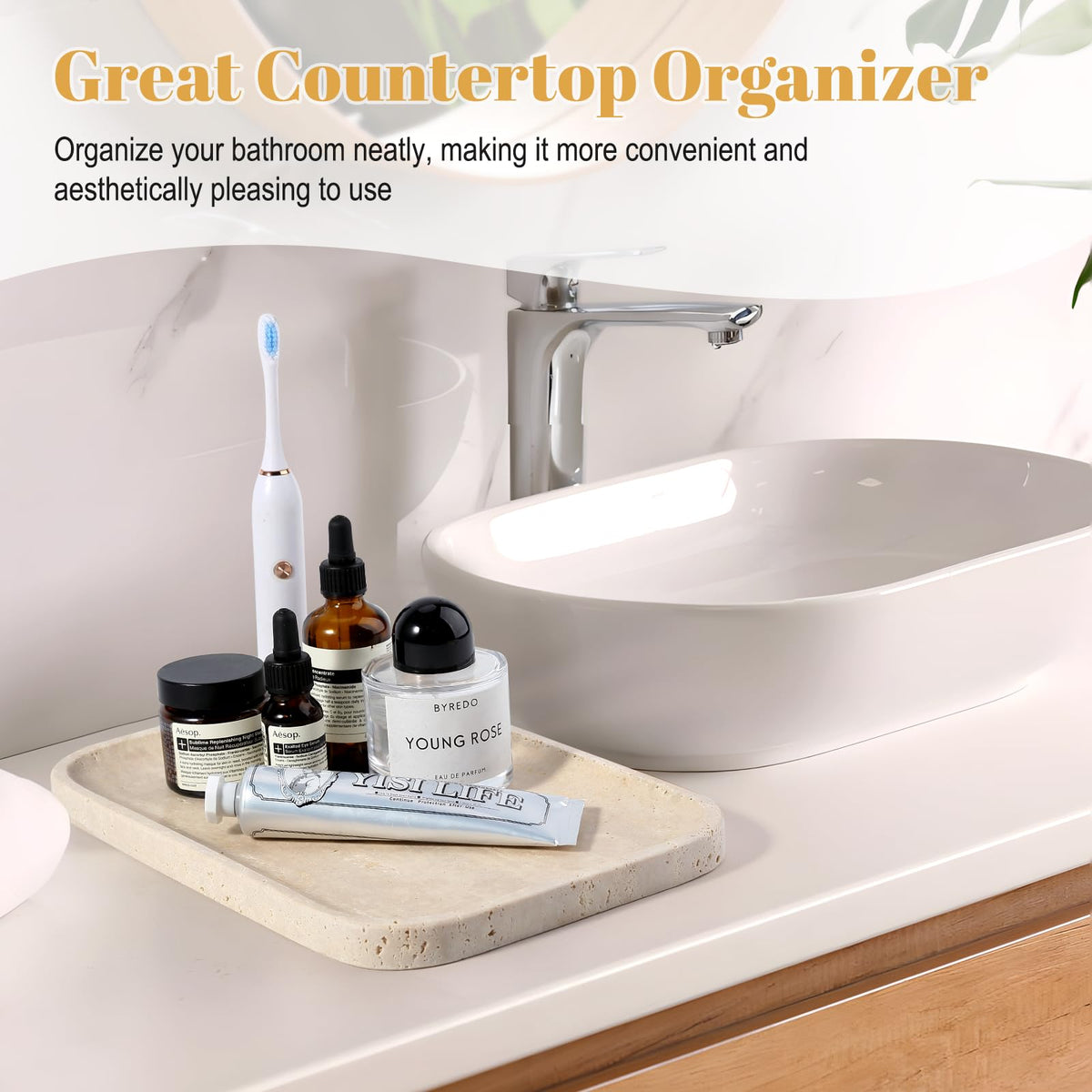 Koville Travertine Tray featuring non-slip bottom to stay in place