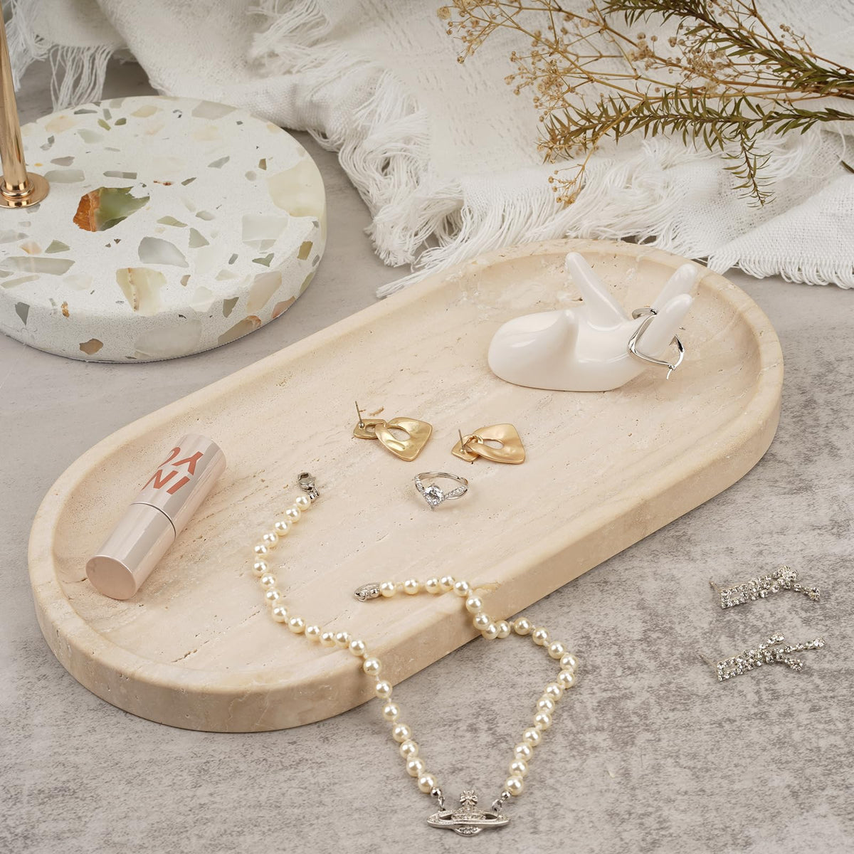 Koville Travertine Tray with perfume bottles for vanity organization