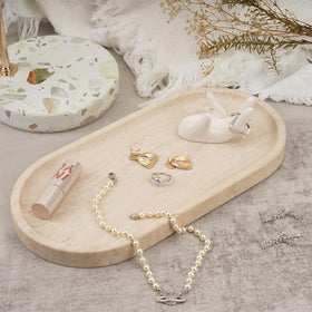 Koville Travertine Tray with perfume bottles for vanity organization