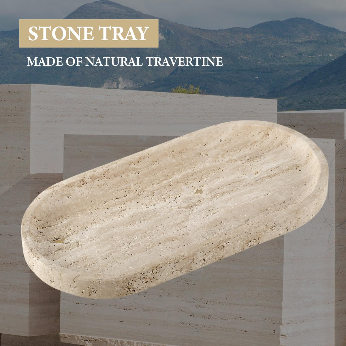 Koville travertine tray displays perfume bottles and cosmetics neatly