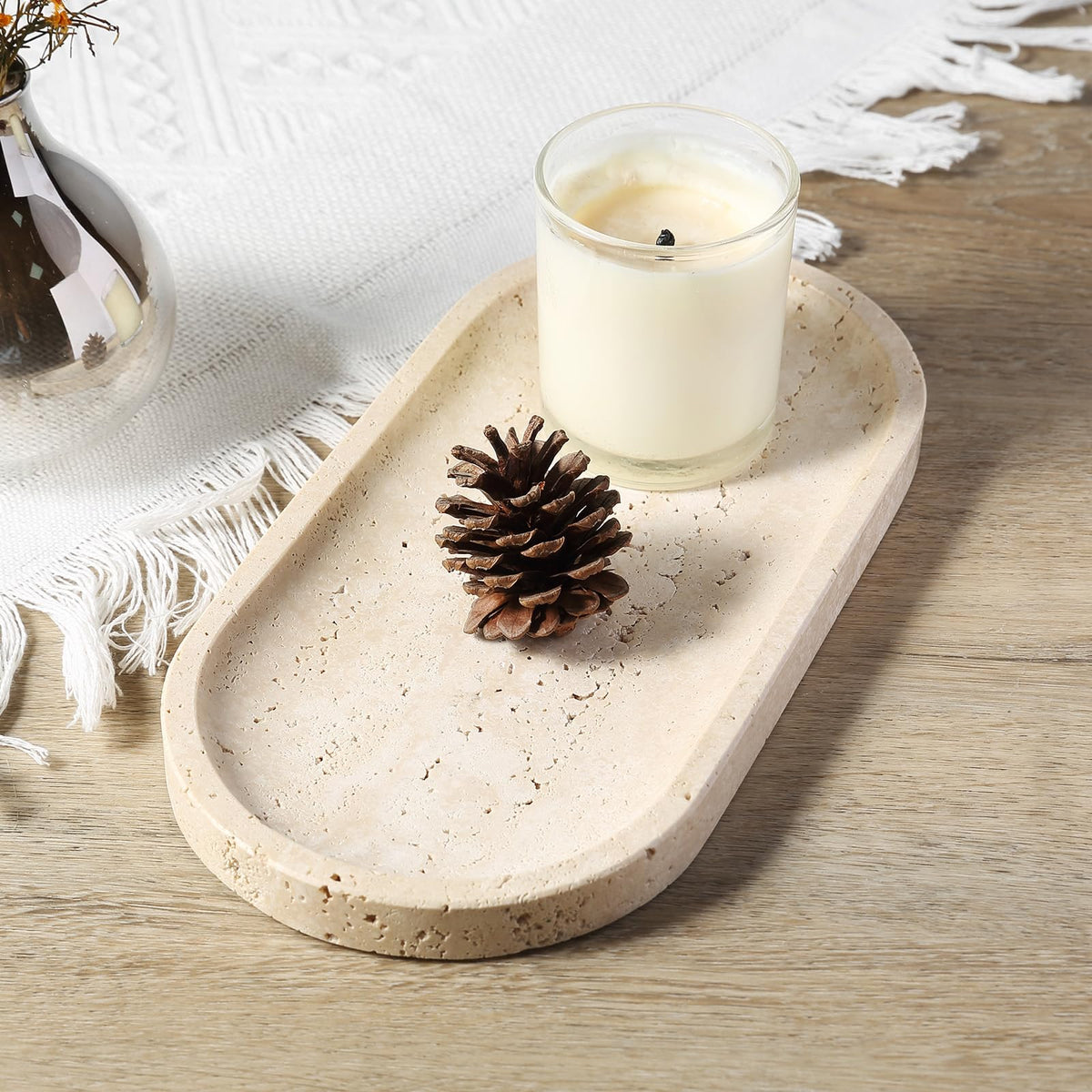 Koville travertine tray helps kitchen spice rack stay orderly