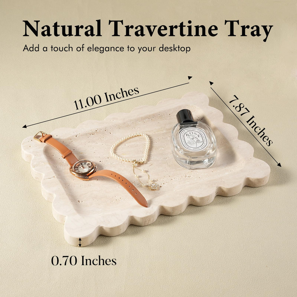 Koville Travertine Tray edge detail enhances bathroom vanity organization.