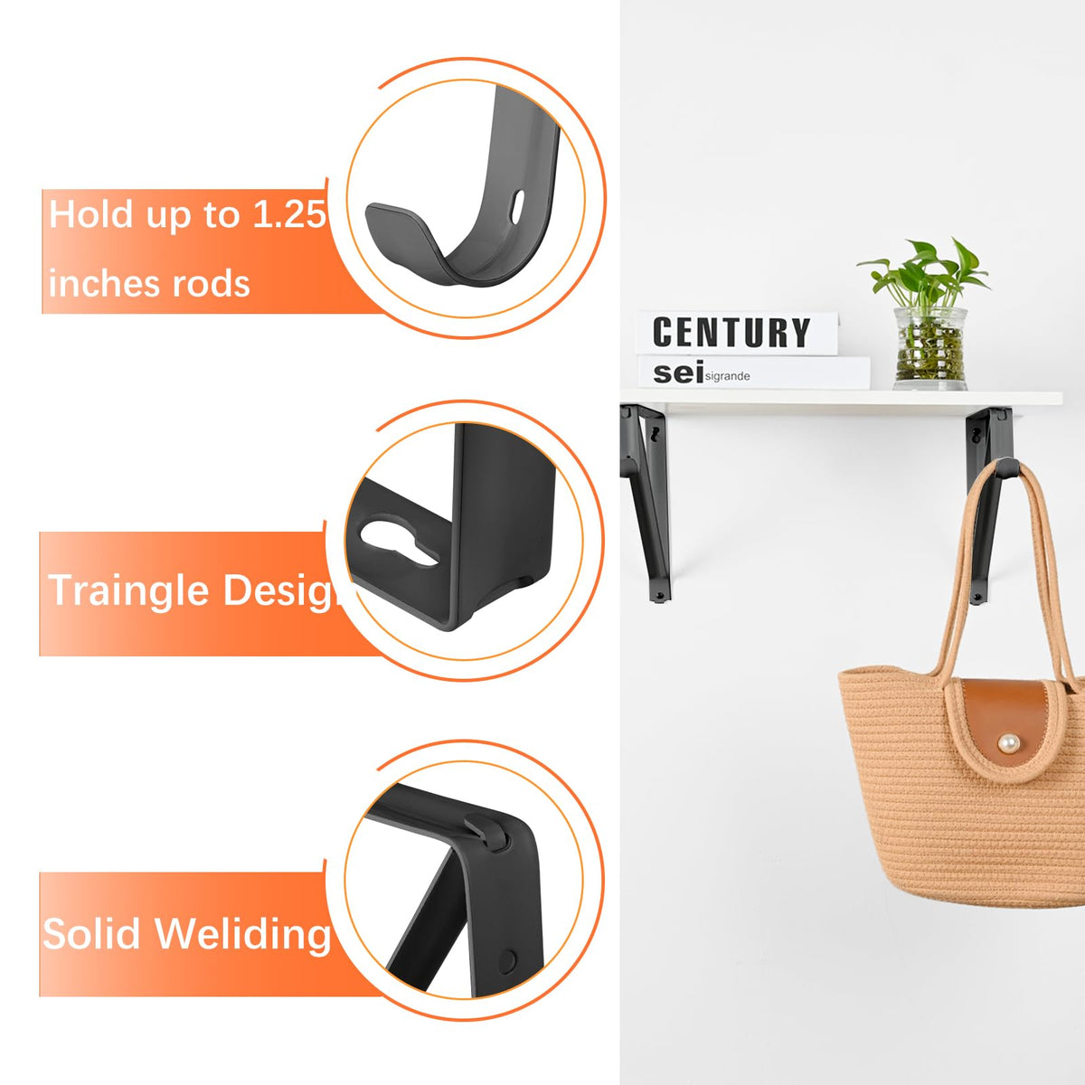 KOVOSCH rod-support brackets with closet-rod hook help secure hangers.