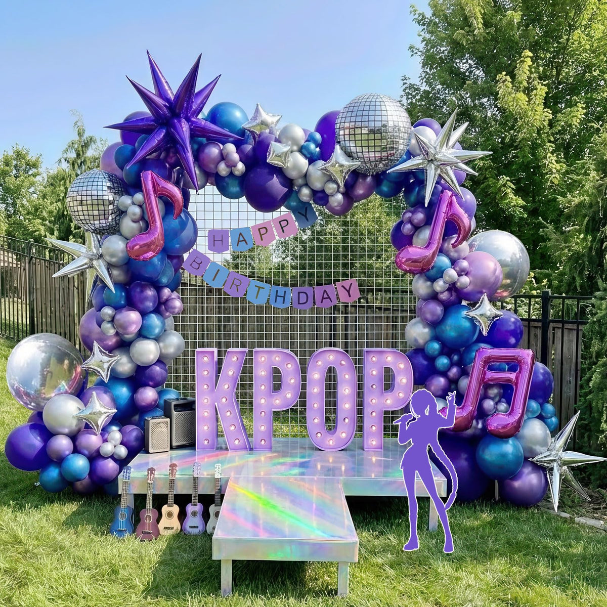 Kozee chrome purple blue disco balloon arch kit shown as radiant party backdrop