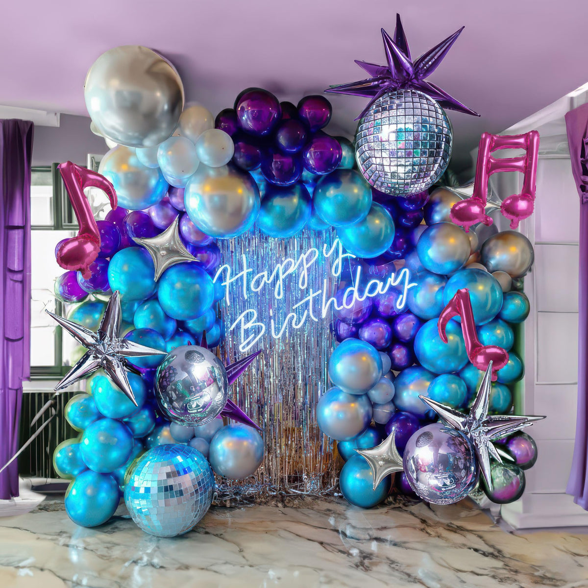 Kozee metallic balloons in blue and purple create dazzling reflections