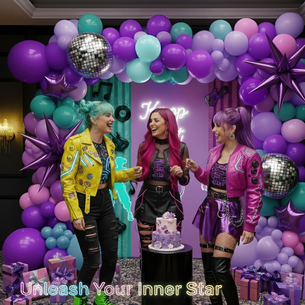 Kozee musical symbol foil balloons highlight concert-inspired decor.