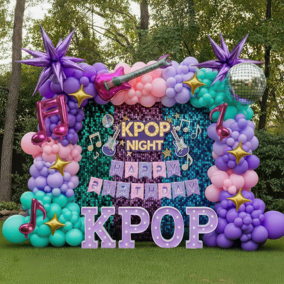 Kozee purple pink balloon arch kit creates a bold party backdrop.