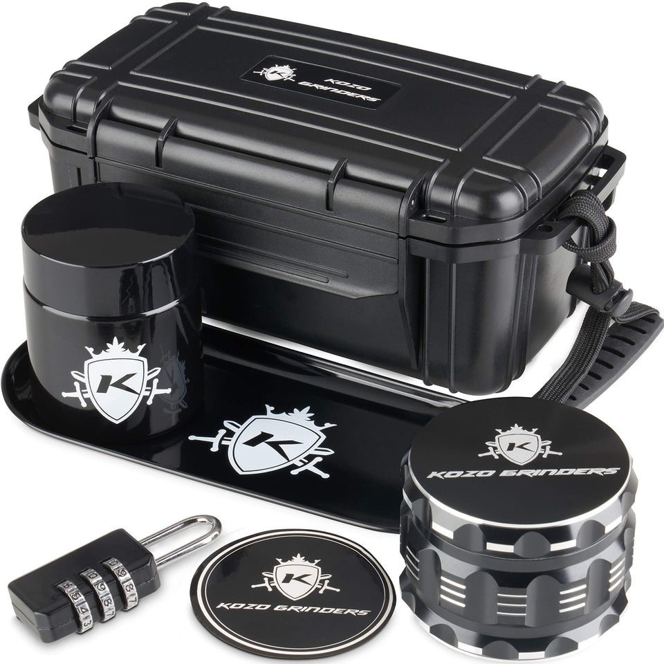 KOZO Premium Black Box with Original Grinders for secure accessory storage.