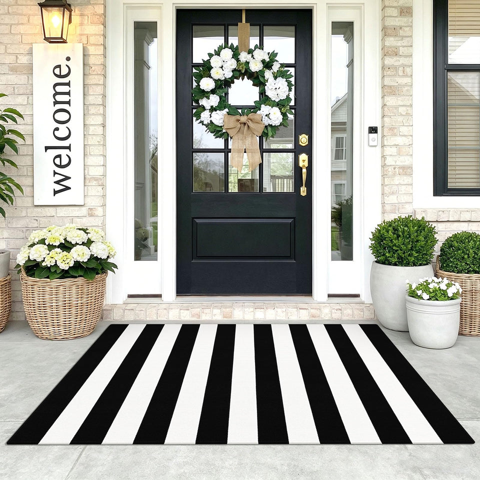 KOZYFLY black and white striped rug welcoming guests at the front door with bold style.