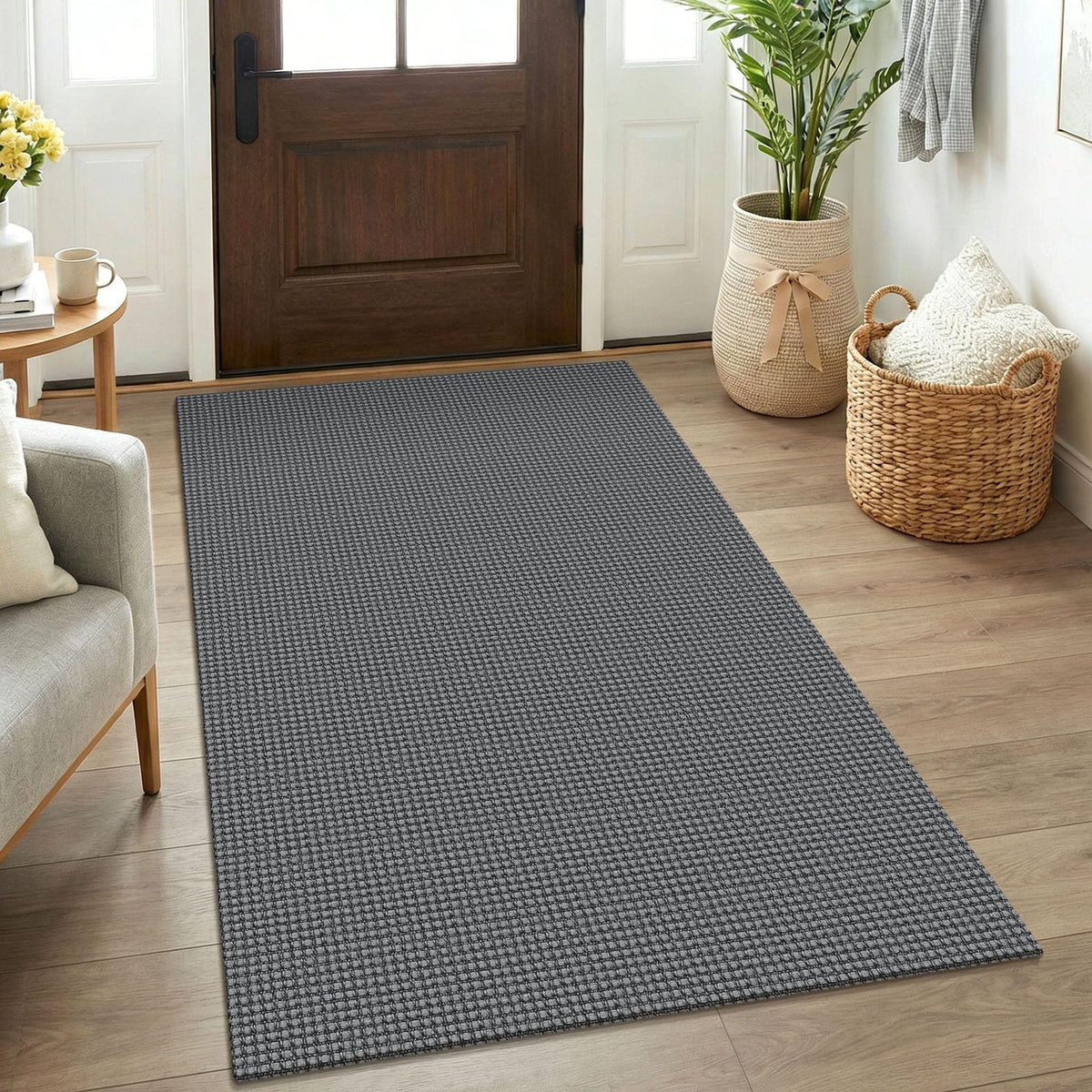 KOZYFLY entryway rug with grey braided texture and non-slip backing for safety.