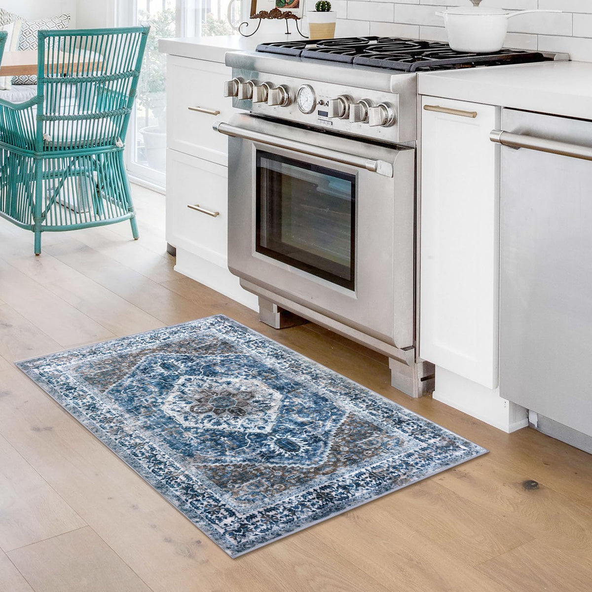 KOZYFLY entryway rug in blue, brown, and white adds classic charm.
