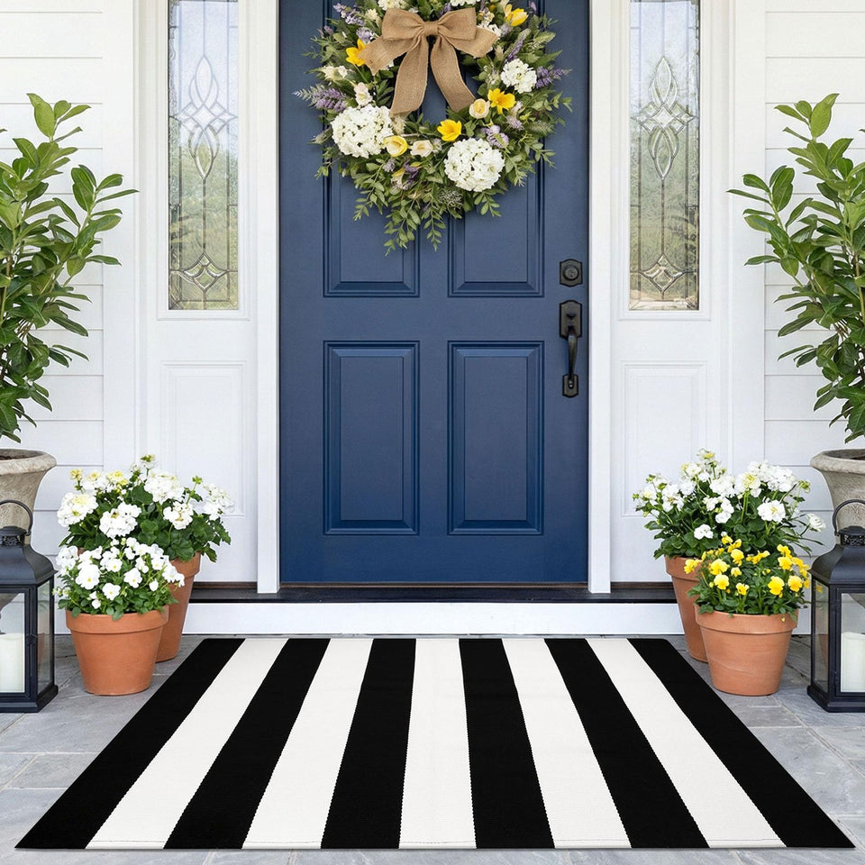KOZYFLY front door striped rug in black and white, durable entryway accessory