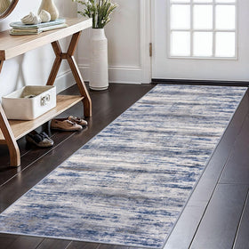 KOZYFLY modern abstract rug runner with grey-blue ombre stripes; ideal for busy hallways.