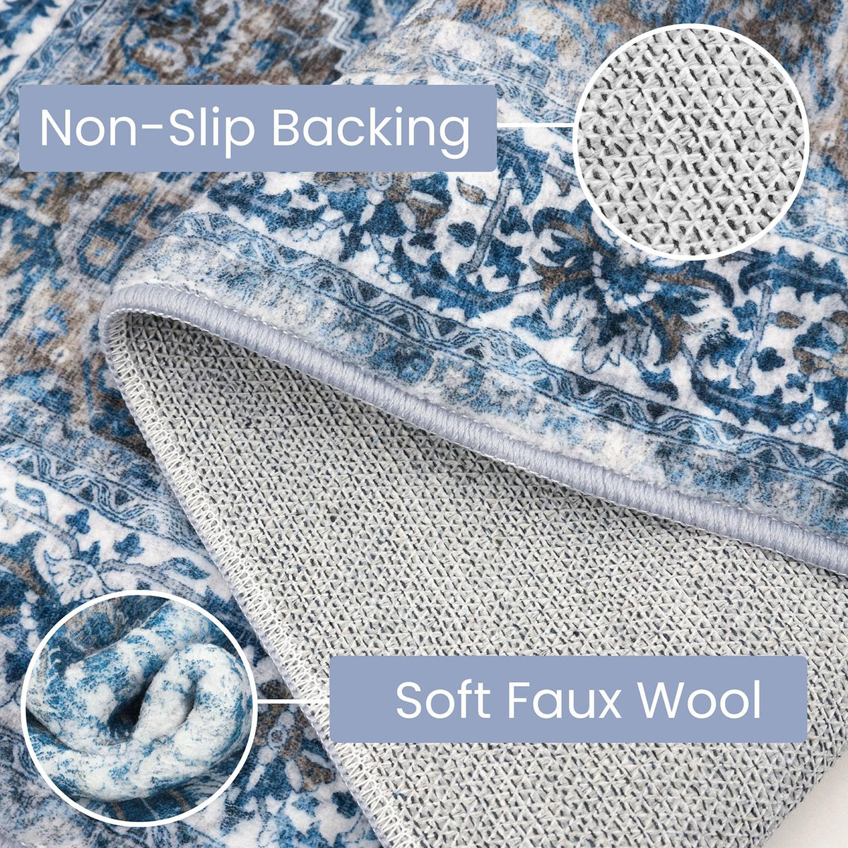KOZYFLY non-slip rug with rubber backing helps keep it in place on wood floors.