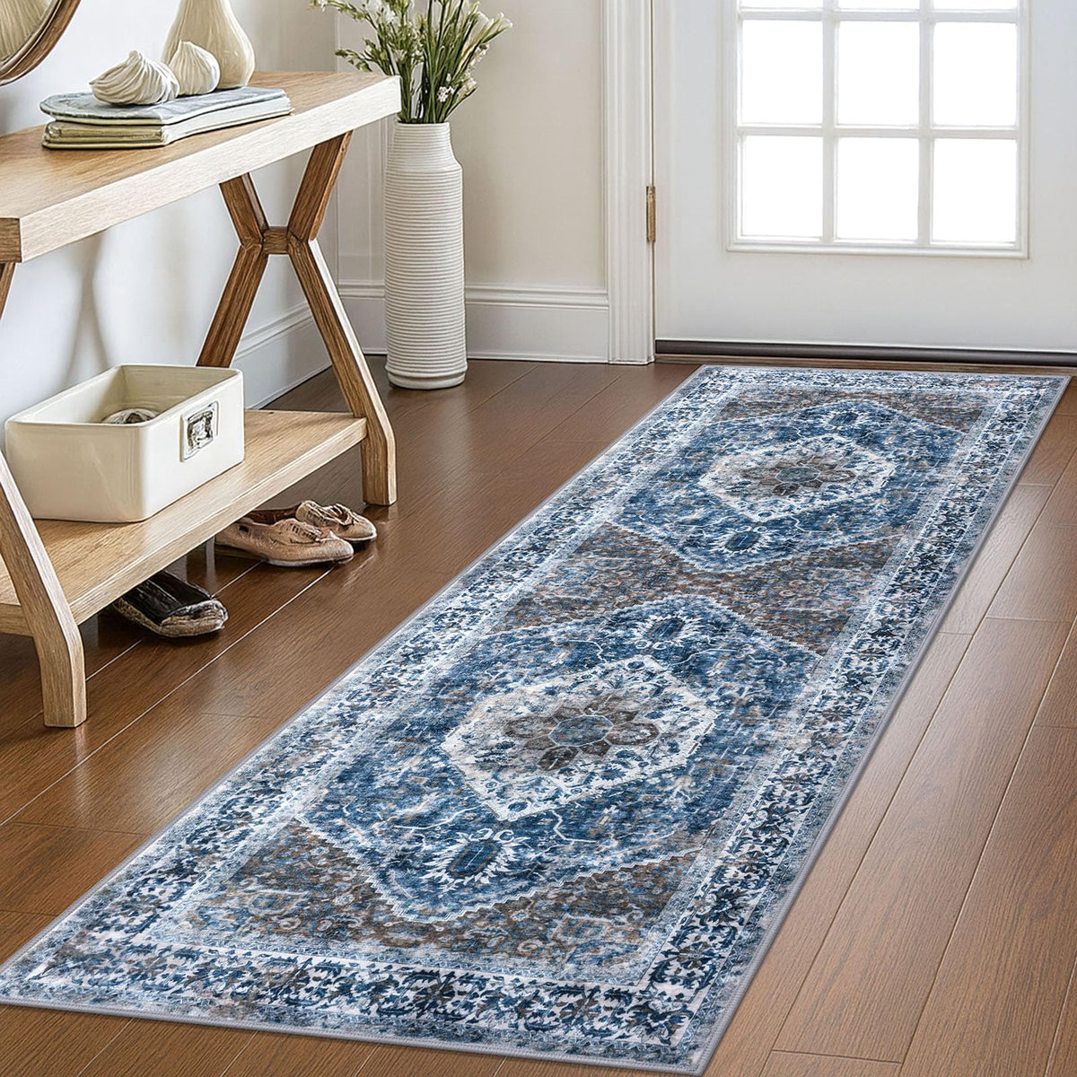 KOZYFLY Runners hallway blue medallion design keeps feet comfortable and defines your entry