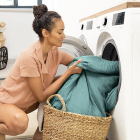 Kozyhvn teal blanket machine-wash friendly care label for easy care