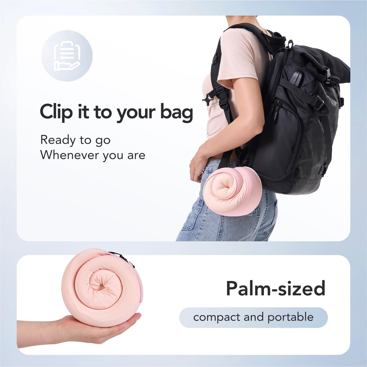 KPNEOL portable pillow clips to a bag for travel