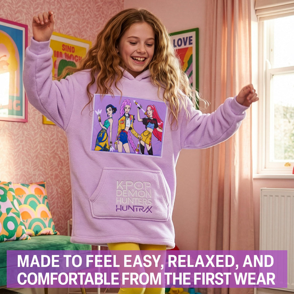 Huntrix hoodie worn for cozy lounging at home or sleepovers