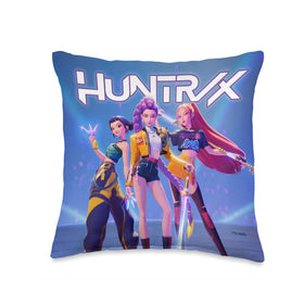 KPop Demon Hunters Huntr/X throw pillow front view with bold print and vibrant colors.