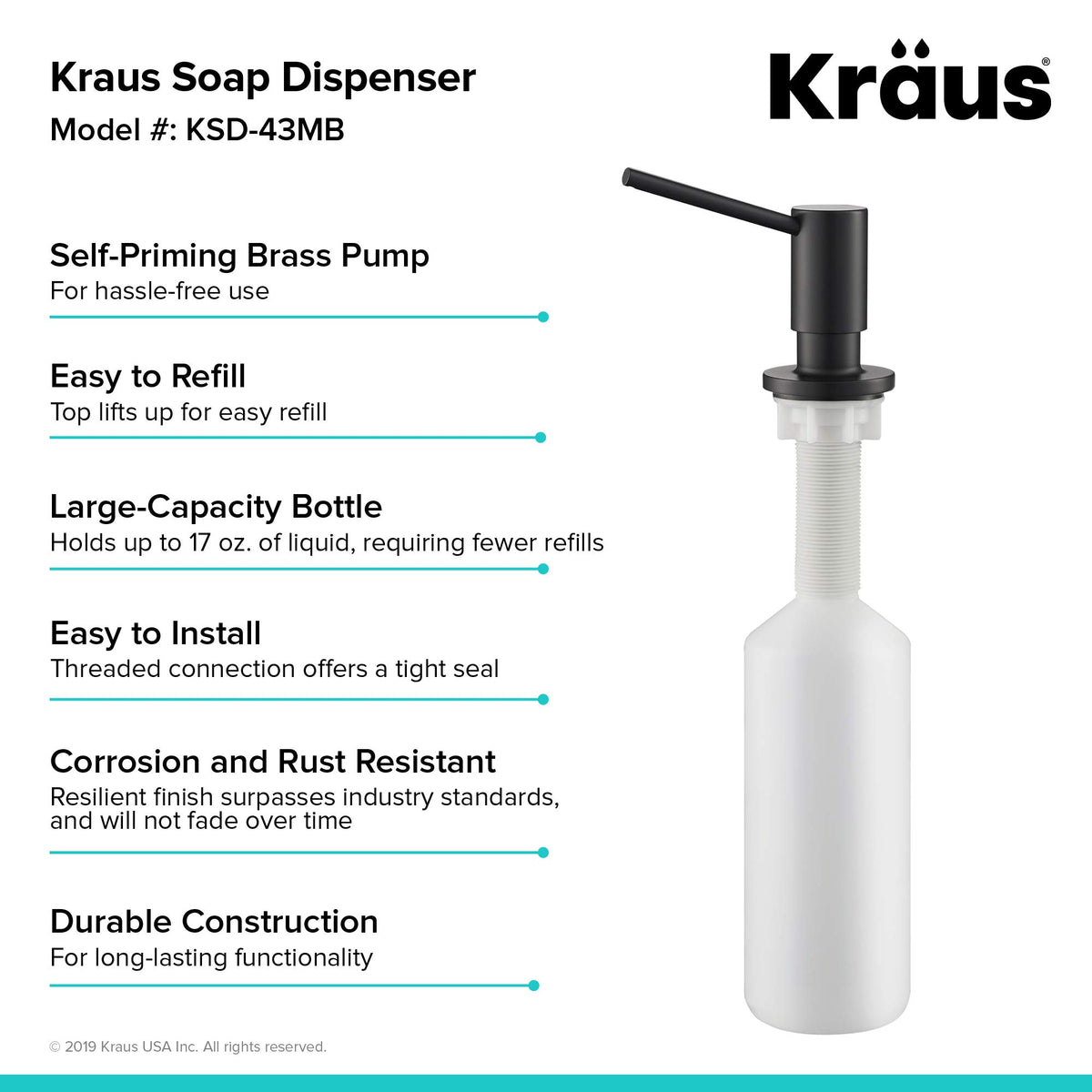 Kraus KSD-43MB self-priming pump provides easy soap access at the sink