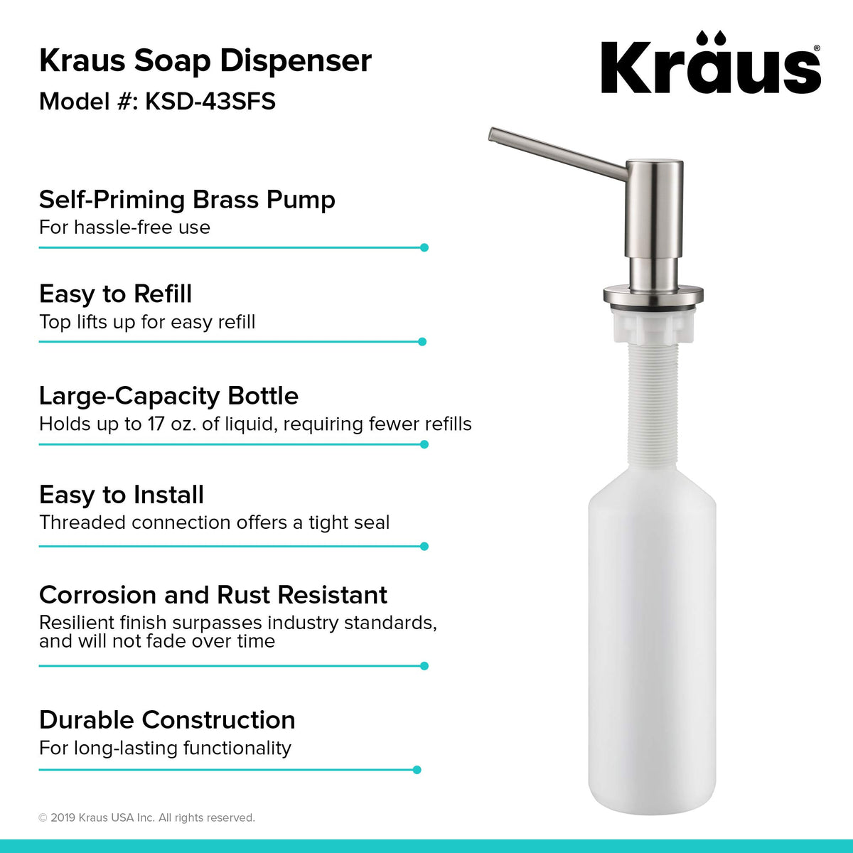Kraus KSD-43SFS refills-from-top feature keeps counter clean and simple