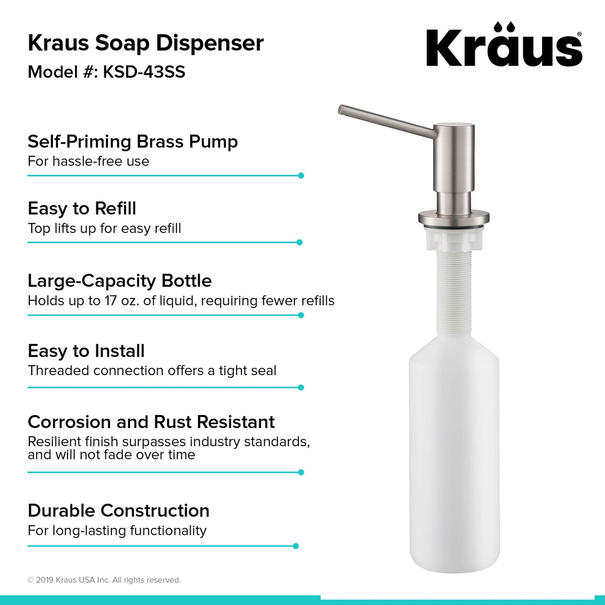 Kraus KSD-43SS dispenser with 360 degree spout rotation for flexible sink access