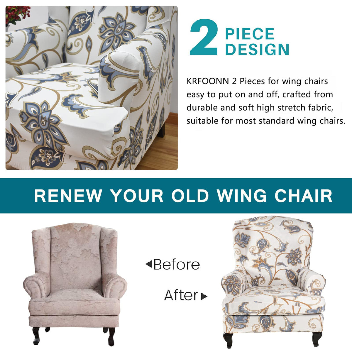 KRFOONN measurement guide shows fit for common wingback chairs.