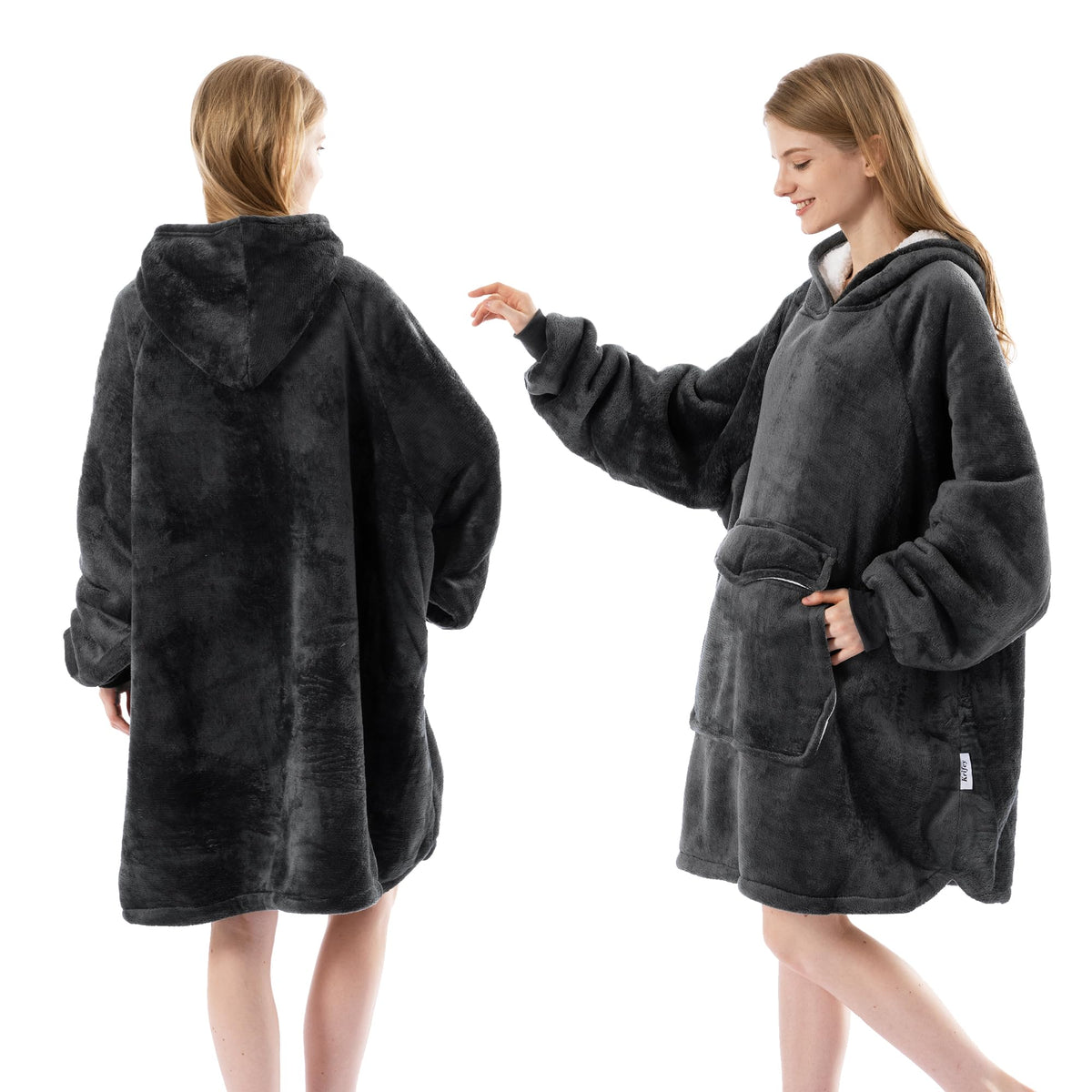Krifey hoodie pocket close-up highlights convenient storage for remotes and snacks.