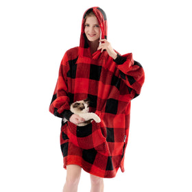 Krifey wearable blanket hoodie in red plaid, front view, perfect for cozy lounging.