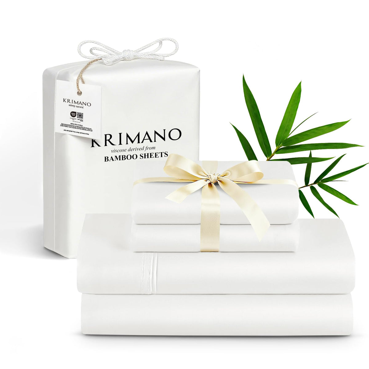 KRIMANO bamboo full-size sheet set folded, silky-soft comfort.