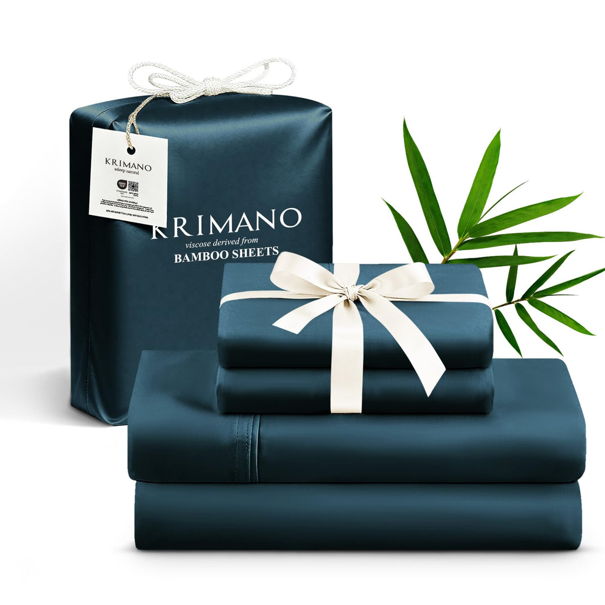 KRIMANO full-size sheet set flat sheet highlights silky, breathable bamboo fabric for cooler nights.