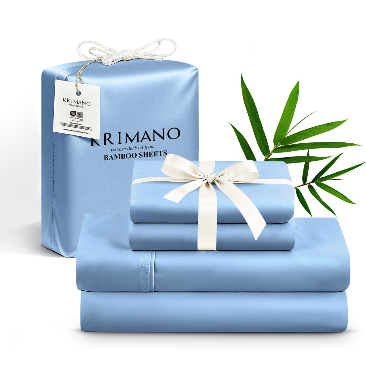 KRIMANO queen-size bamboo sheets with soft silky feel for luxurious nights.