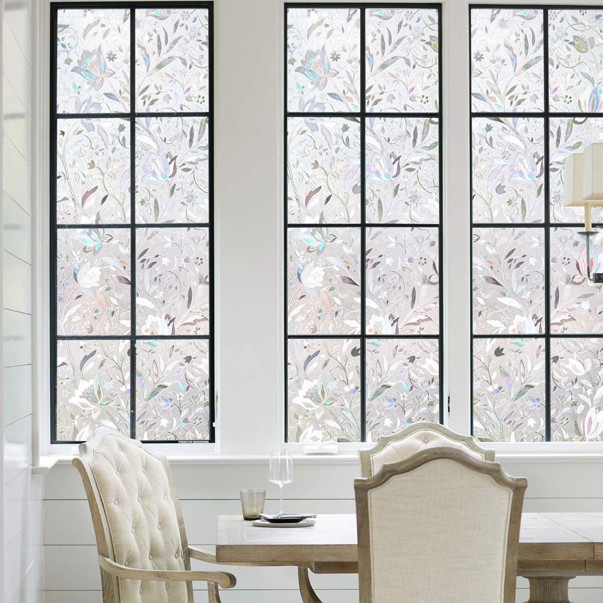 Kromapolis frosted privacy film softens views with modern decor.
