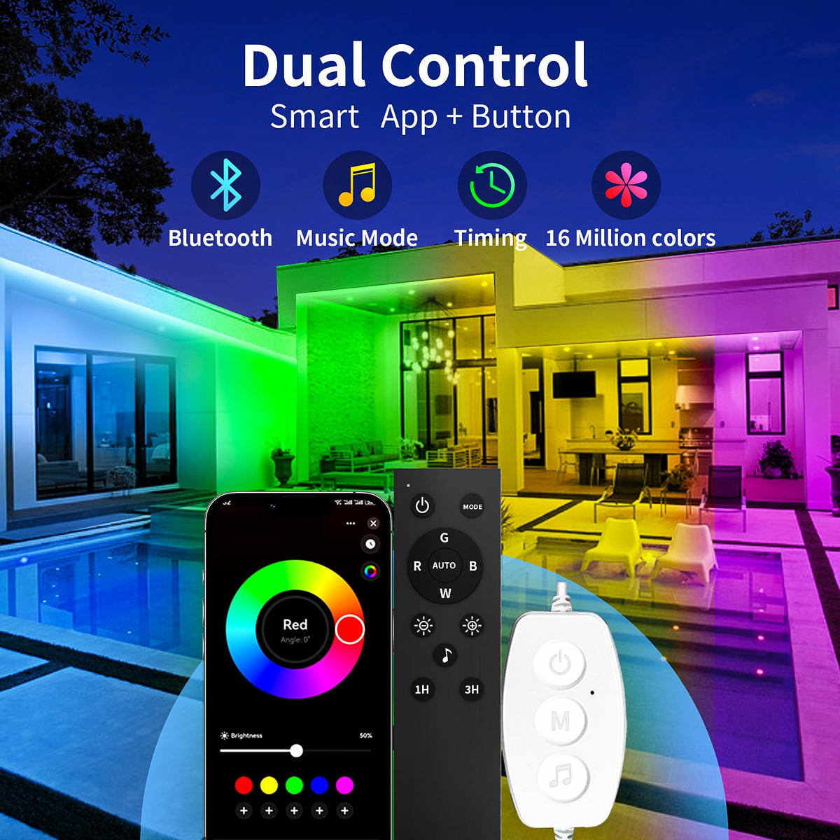 KSIPZE RGB outdoor LED strip controlled via Bluetooth app for dynamic scenes.