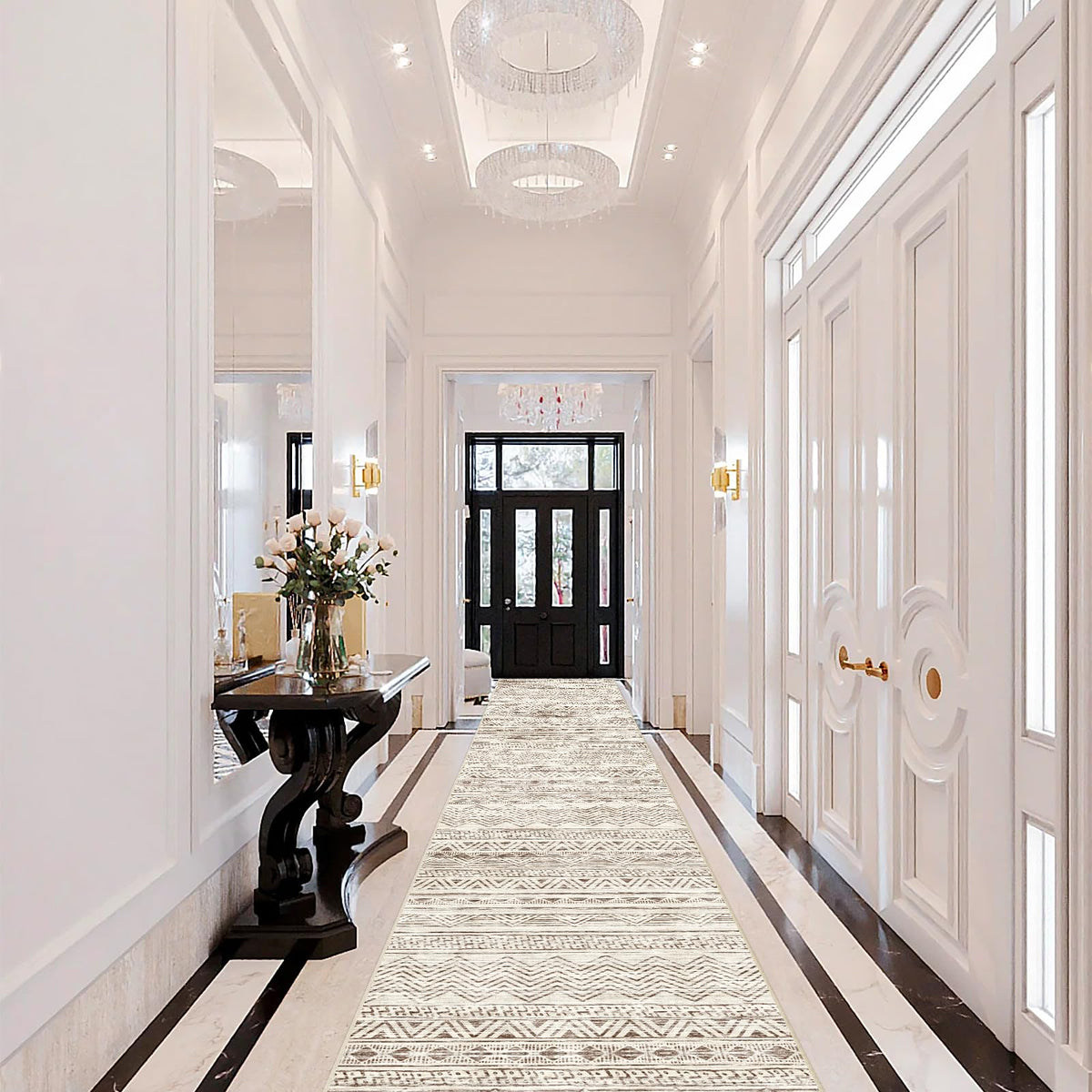 Ksrau Moroccan-washable hallway runner rug with beige geometric pattern, ideal for busy entryways and easy cleaning.