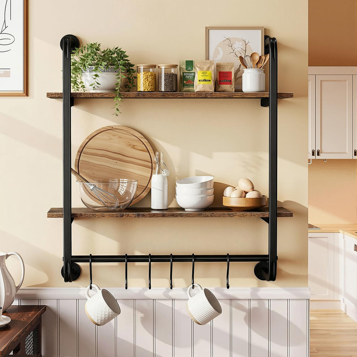 Kssiaz 2-tier pipe shelf showcases industrial design, perfect for displaying dishes and decor.